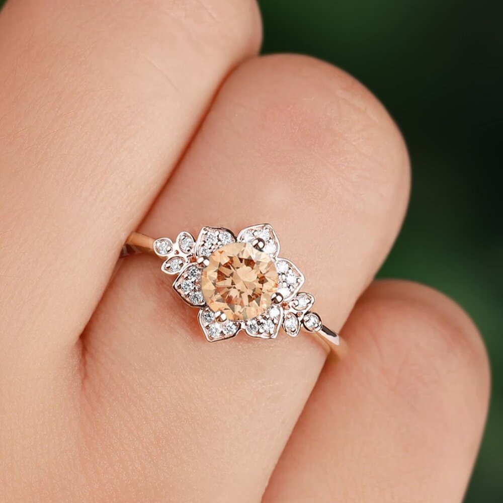 Vintage Style Floral ring - Champagne Citrine, Art Deco Flower Ring